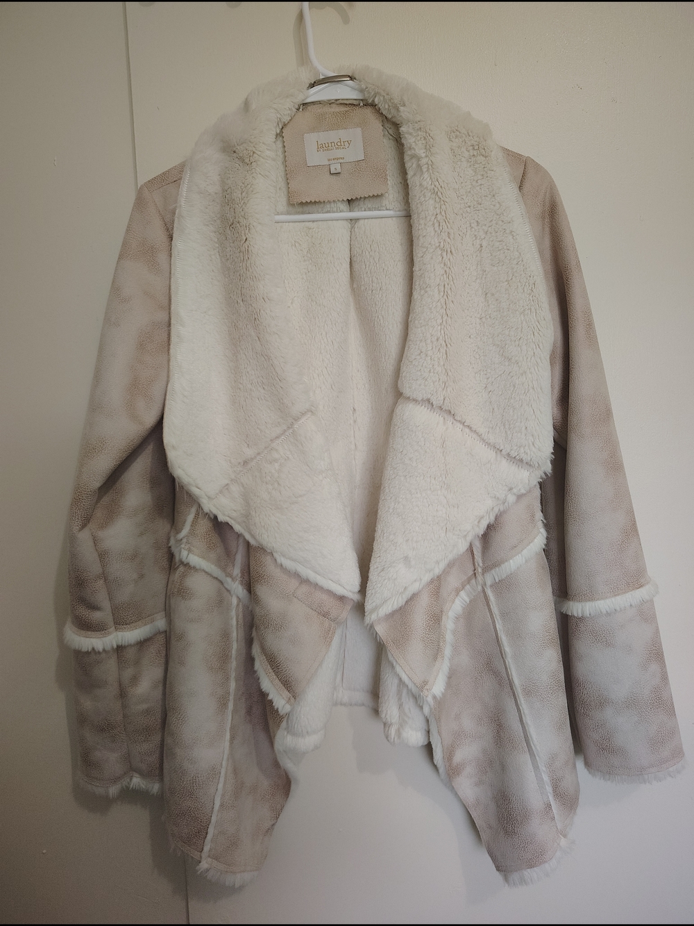 Laundry By Shelli Segal Cream and Tan Faux Shearling Draped Jacket